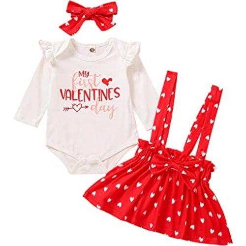 Baby Girls My First Valentine's Day Outfit Ruffles Long Sleeve Romper + Heart Suspenders Skirt Set