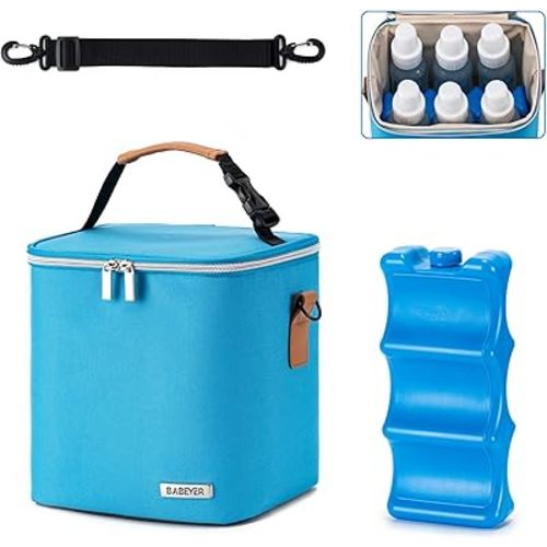 Breastmilk Cooler Bag with Ice Pack Fits 6 Baby Bottles Up to 9 Ounce, Baby Bottle Bag with Shoulder Strap for Nursing Mom Daycare, Blue