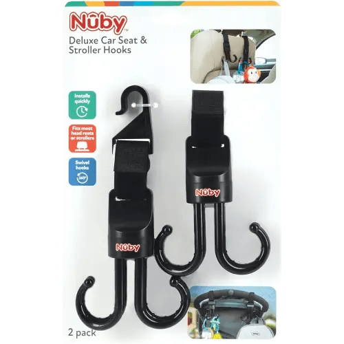 Nuby 2-in-1 Deluxe Adjustable Baby Stroller & Car Seat Hooks for Hanging Bags, Toys- Hang or Remove Items from Hooks with one Hand/ 2 Pack – 8 Hooks Total, Black