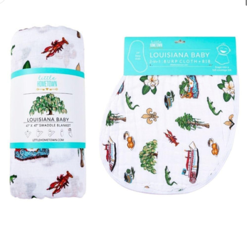 Gift Set: Louisiana Baby Muslin Swaddle Blanket and Burp Cloth/Bib Com – Little Hometown