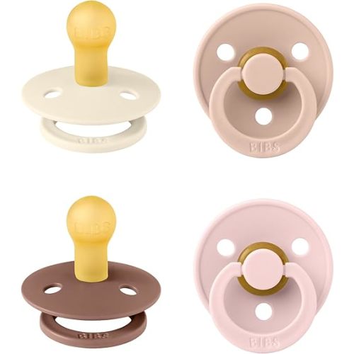 BIBS Colour Soother 4-Pack, BPA Free Dummy Pacifier, Round Nipple. Natural Rubber Latex, Made in Denmark, Size 1 (0-6 Months), Blush Mix