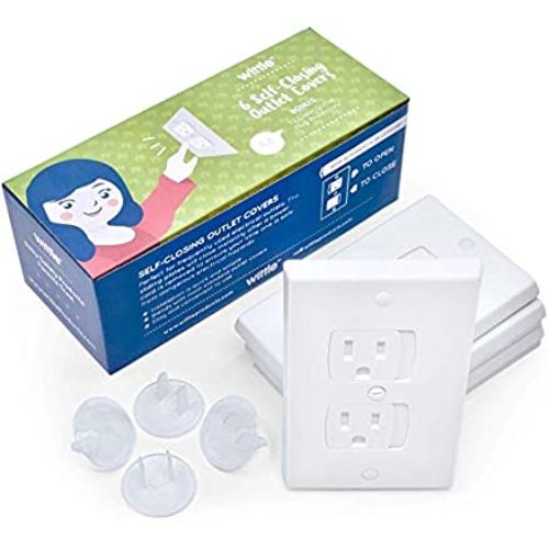 Self Closing Outlet Covers (6 White) Plus 12 Clear Plug Cover Outlet Protectors - Baby Proofing Outlets with Electrical Child Safety Kit