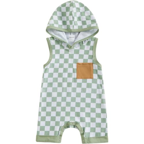 Newborn Boy Checkered Outfit Baby Sleeveless Hooded Romper Jumpsuit Cute Summer Clothes