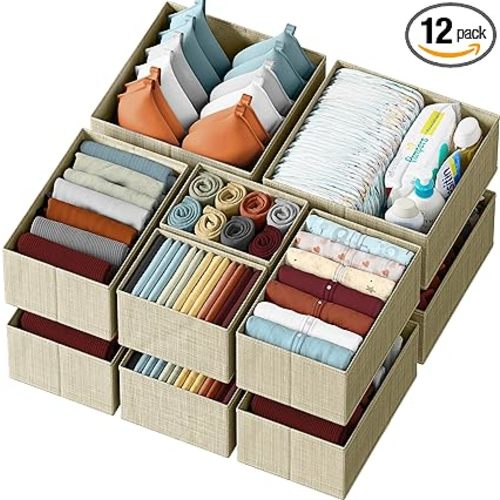 Drawer Organizer Clothes Set of 12 Beige - Dresser Organizer For Nursery, Bedroom, Closet - The Perfect Baby Clothes Organizers and Storage & General Nursery Organization or Dresser Drawer Organizers