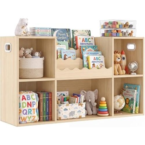 HedoAjim Wood Book Shelf, 5-Cube Storage Organizer, Montessori Bookcase (Natural Wood)
