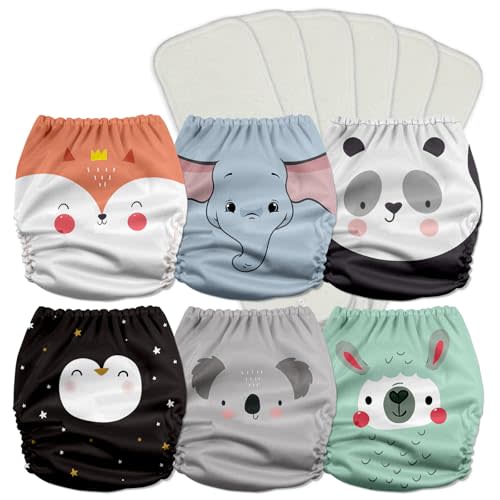 Mama Koala 3.0 Pocket Cloth Diapers for Babies with AWJ Lining, 6 Pack with 6 5-Layer Natural Cloth Diaper Inserts - Reusable and Washable Pocket Diapers(A-Love Animals)