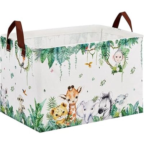 Nursery Decor Shelf Basket Animal Baby Gift Basket Hamper Kid Storage Bin Clothes Book Toy Organizer Bin (MDF Bottom and Upgraded Metal Frames) (Jungle Safari)