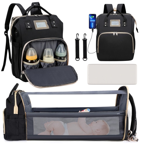 Diaper Bag Backpack, Multifunctional Baby Changing Bag with Foldable Crib & Insulated Milk Bottle Pocket, Large Capacity Travel Backpack with USB Charging Port & Stroller Strap (Black)