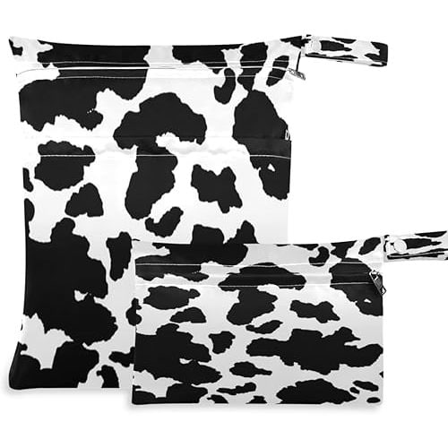 2pcs Wet Dry Bag Black Animal Cow Print Cloth Diaper Bags Waterproof Wet Bags Washable Wet Dry Organizer Pouch with Two Zippered Pockets for Swimsuits Travel Hiking Baby Stroller