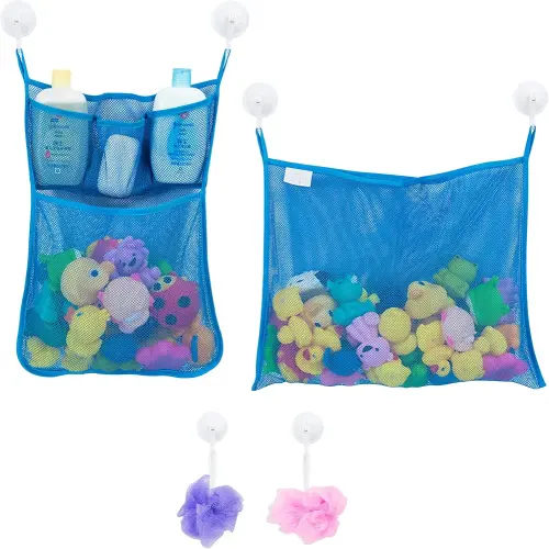 2 x Mesh Bath Toy Organizer + 6 Ultra Strong Hooks – The Perfect Bathtub Toy Holder & Bathroom or Shower Caddy – These Multi-use Net Bags Make Baby Bath Toy Storage Easy – For Kids & Toddlers