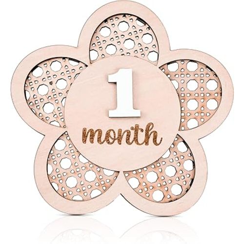 Baby Monthly Milestone, Wooden Baby Milestone Signs, Monthly Milestone Wood Discs, Baby Milestone Discs, Baby Photo Props Cards Interchangeable Number Set of 12 for Baby Growth Recording (Lattice)