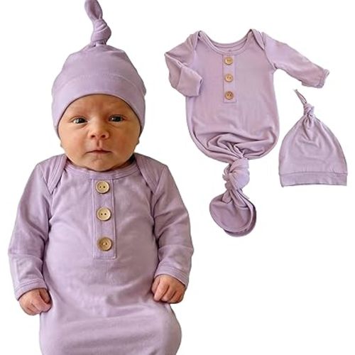 Caden Lane Newborn Knotted Gown with Hat, Soft Bamboo Viscose Baby Sack, Unisex Infant Breathable Night gown Dusty Purple