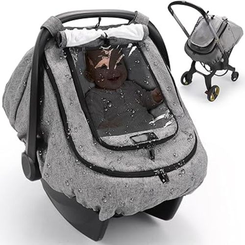 Waterproof Car Seat Cover for Baby, 2-Layer Car Seat Rain Cover with Clear Window & Sunshade & Mesh Cover, Universal Infant Carseat Canopy for Stroller, Protect from Rain and Snow - Gray