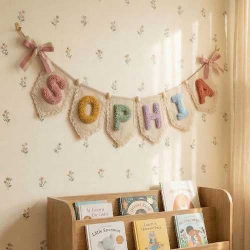 Custom Baby Name Banner – Handmade Linen Garland, Nursery Decor, Optional Lace Trim