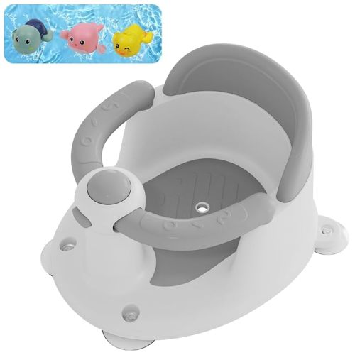 Baby Bath Seat for Babies 6 Months & Up, Bath Seats for Babies Sitting Up, 3 Baby Bath Toys, Open Design Bathtub Seat for Baby, Non-slip, Compact Toddler Bath Seat. - Grey