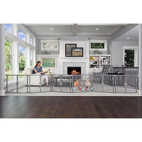 Regalo Safety 192" Super Wide Baby Gate & Play Yard, 2-in-1 Adjustable Playpen for Babies, Toddlers & Pets, Includes Wall Mount Kit, Plastic, Gray
