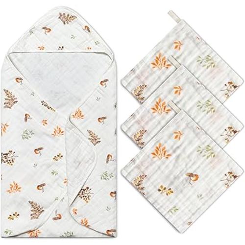 Zainpe 4Pcs Muslin Baby Hooded Towel & Washcloth Set Leaves Pattern Soft Absorbent Cotton Bath Hood Towels for Newborn Toddlers Essentials Boys Girls Infant Shower Gift 31.5 x 31.5 in