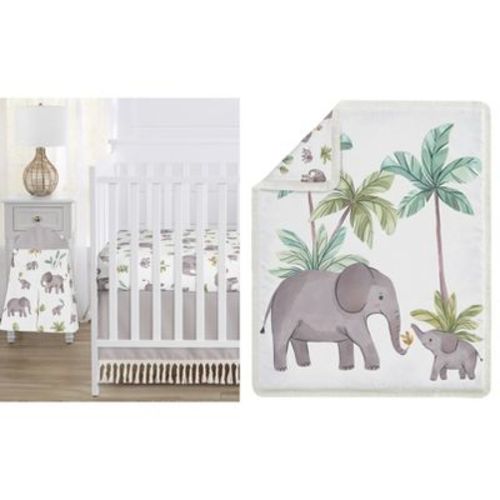 Sweet Jojo Designs Gender Neutral Unisex Baby Crib Bedding Set - Watercolor Elephants Grey Green And Blue 4pc