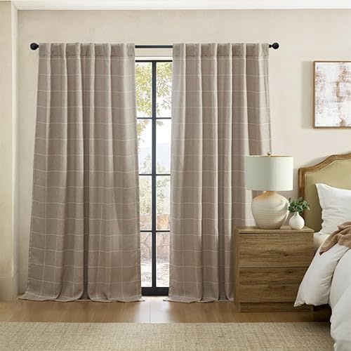 Elrene Home Fashions Sawyer Windowpane Plaid Blackout Window Curtain Panel with Rod Pocket/Back Tabs for Living Room/Bedroom/Office, 52"x95", Linen
