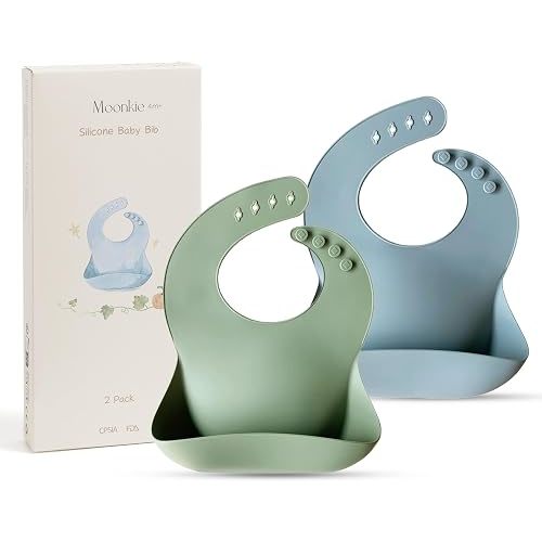 Moonkie Silicone Baby Bibs Set of 2, BPA Free Waterproof Baby Bibs for Eating, Soft Adjustable Silicone Bibs for Babies 6-12 Months, Toddler Bibs with Large Pocket Food Catcher (Ether/Sage)