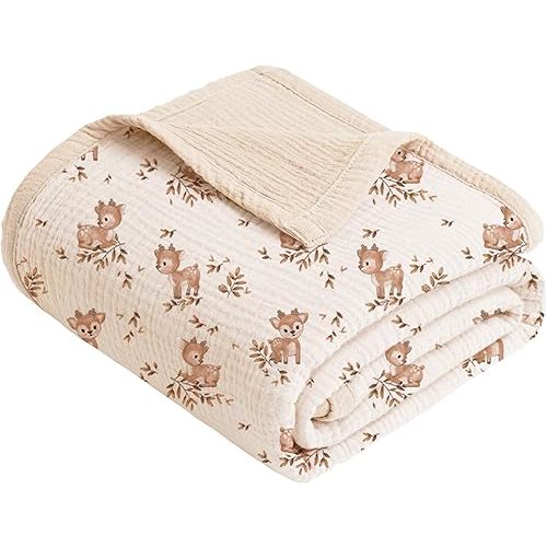 Konssy Muslin Baby Blanket for Girls and Boys, 100% Cotton Soft Toddler Blanket, Reversible Newborn Swaddle Blankets, Breathable and Lightweight Crib Blankets for All Reason, 43"x40" (Deer)