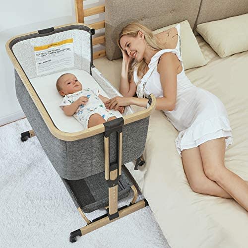 3 in 1 Baby Bassinets,AMKE Bedside Sleeper for Baby,Baby Cradle with Storage Basket, Easy to Assemble Bassinet for Newborn/Infant, Adjustable Bedside Crib,Safe Portable Baby Bed,Travel Bag Included