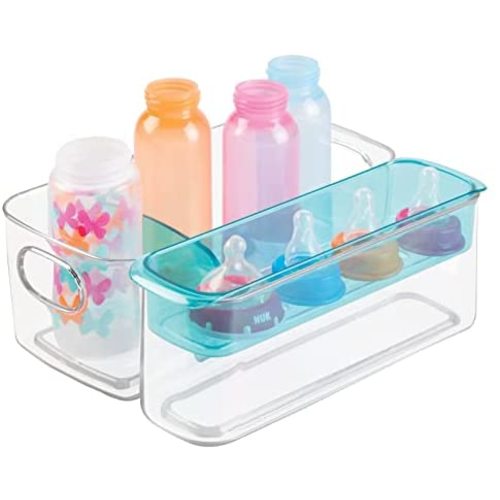 mDesign Plastic Adjustable Storage Center for Kitchen Cabinet, Pantry, Refrigerator, Countertop - Holds Kids/Toddlers Bottles, Sippy Cups, Baby Food Jars - 3 Pieces - Clear/Aqua Blue