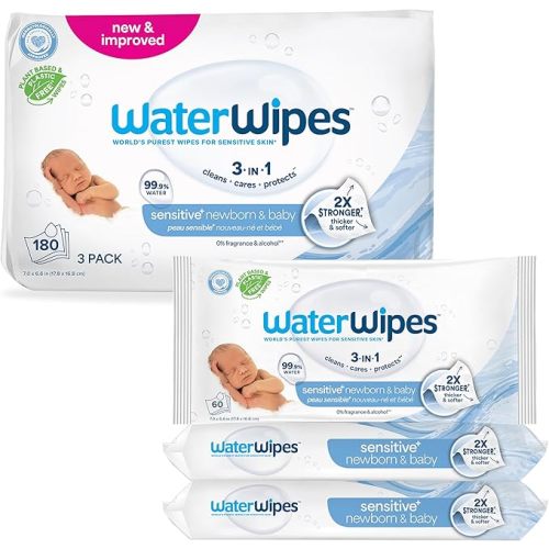 WaterWipes Sensitive+ Newborn & Baby Wipes, 3-In-1 Cleans, Cares, Protects, 99.9% Water, Unscented & Hypoallergenic, 180 Count (3 Packs)