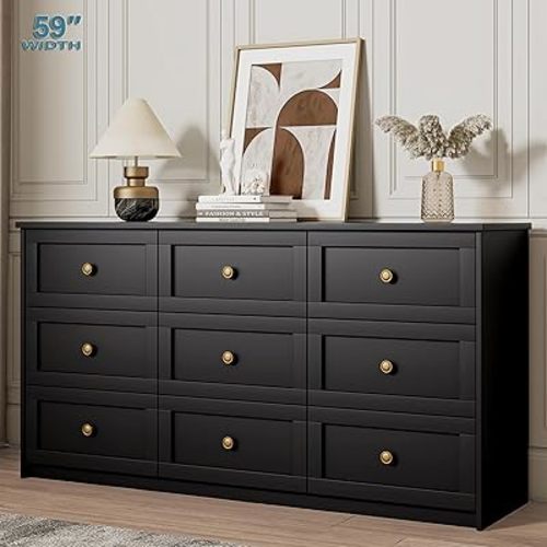 Dresser for Bedroom, 9 Storage Drawers, 59.1" Wide Black Wood Large Dressers & Chest, TV Stand for 65 inch, Storage Organizer Furniture, Hallway, Entryway, Closet