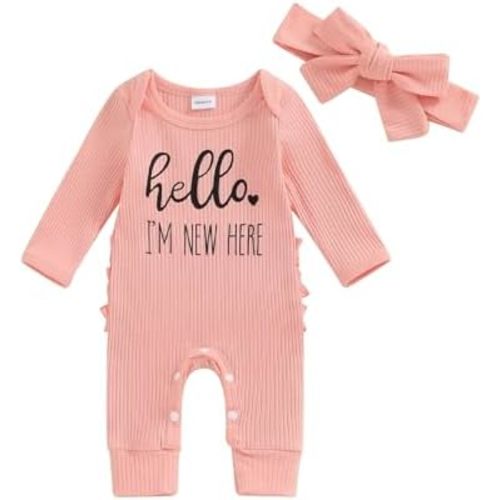 Hello Im New Here Newborn Outfit Girl Knit Jumpsuit Romper One Piece Infant Bodysuit Preemie Clothes Coming Home