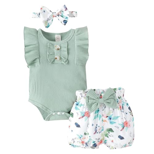 LUNFEGO Newborn Baby Girl Clothes Outfits Ruffle Romper and Short Pant Sets with Headband Infant Bodysuits