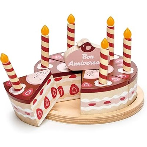 Tender Leaf Toys - Chocolate Birthday Cake - Pretend Play Food Toy with Candles and Plate, Birthday Party Decoration or Gift for Kids - Develops Social Skills and Imaginative Play for Kids - Age 3+