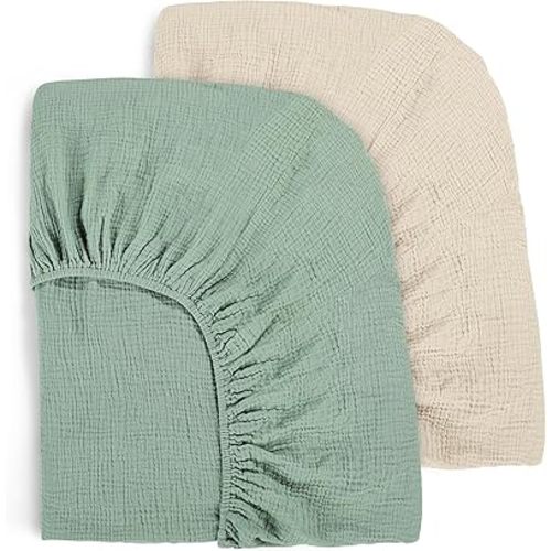 Yoofoss Muslin Crib Sheets for Boys Girls 100% Cotton Fitted Baby Crib Sheet 2 Pack Soft and Breathable for Standard Crib Mattress & Toddler Mattress 52"x28" Apricot&Green