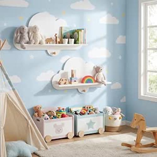 Costzon 2 Pieces Cloud Shelves, Wall Mounted Kids Bookshelf w/Hanging Hooks, Space Saving Floating Shelves for Kid's Room, Nursery, Playroom & Bedroom (Cloud)