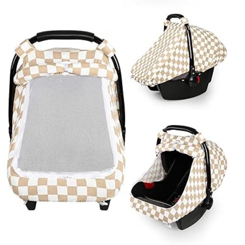 DILIMI Car Seat Covers for Babies, Muslin Cotton Baby Car Seat Cover with Breathable Mesh Window, Summer Infant Car Seat Canopy for Boys Girls Newborn, Brown Plaid