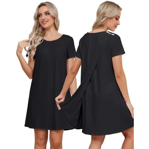 Women Tear Away Open Back Snap Dress Post Shoulder Surgery Hospital Gown Chemo Short Sleeve Adaptive Clothing