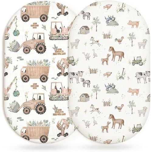 Bassinet Sheets for Baby Girls Boys 2 Pack, Fitted Baby Mattress Sheet for Rectangle, Oval, Hourglass Bassinet Mattress, Breathable Cozy & Universal Fit (Little Farm)