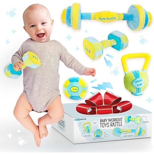 Skywin Baby Workout Toys Fit Training - Baby Shower Set of 4 Soft, Durable and Safe Plush Baby Rattle Toys for Ages 0+