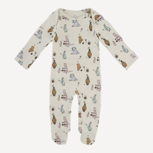 Kate Quinn long sleeve lap neck footie | pooh + friends | organic cotton interlock fold over mittens