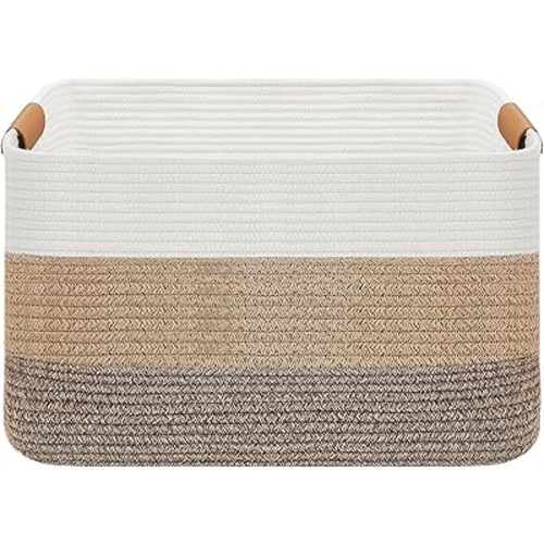 VECELO Large Rope Storage Blanket Basket, 22"x 17"x12" Storage Basket with Handles, Woven Cotton Rope Basket for Storage for Toys, Clothes, Laundry, Pillow, Comforter, Cushions, Gradient Yellow