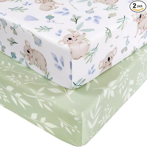 Baby Crib Sheets for Boys and Girls, Fitted Crib Sheets 52" x 28", Soft Breathable Microfiber Sheets for Standard Crib and Toddler Mattress, 2-Pack Green Koala
