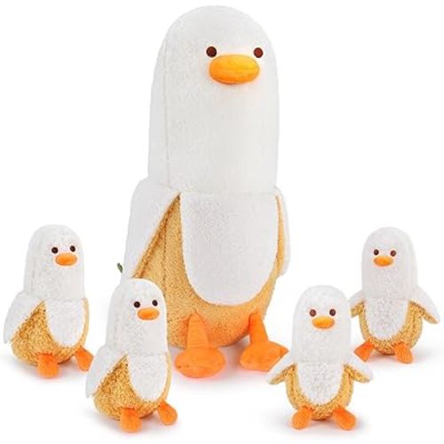 Auspicious beginning 5 PCS Banana Duck Plush Stuffed Animal Family, 20'' Cute Banana Duck Mommy with 4 Baby Banana Duck Plushies Kawaii Banana Duck Plush Toy Birthday Gifts for Kids Boys Girls