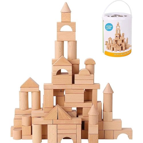 Pidoko Kids Wooden Blocks - 100 Pcs - Building Blocks for Toddlers - Includes Storage Container with Shape Sorter Lid - Natural Beech Wood Blocks - Preschool Learning Toys Stacking Block