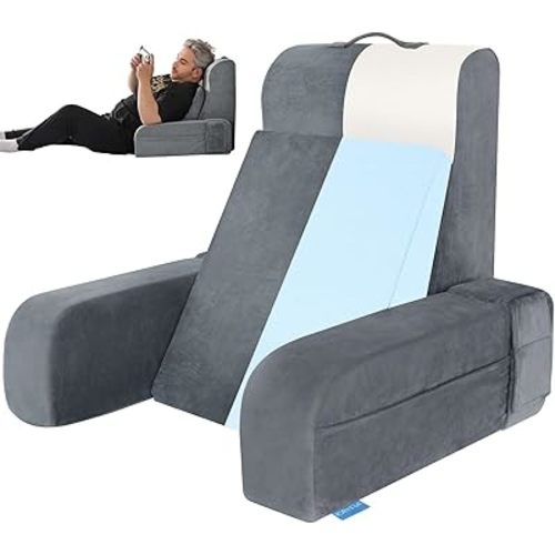 Kayfia Reading Pillow, 10 in 1 Back Pillow for Bed Sitting up with Detachable Arms Rest, Back Rest with Gel Memory Foam, Husband Pillow for Reading/Gaming/Working in Bed or Couch 21'', Gray