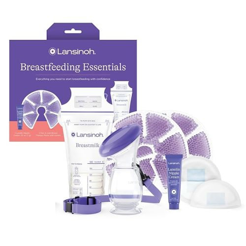 Lansinoh Breastfeeding Essentials Kit for New Moms with Nursing Pads, Breastmilk Storage Bags, Nipple Cream, Hot and Cold Breast Therapy Packs, Silicone Breast Pump, 77 Piece Gift Set - Essential Set