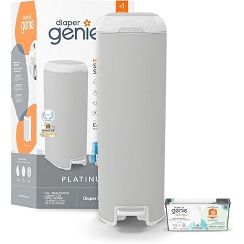 Diaper Genie Platinum Pail (Stone Grey) is Made in Durable Stainless Steel and Includes 1 Easy Roll Refill with 18 Bags That can Last up to 5 Months.