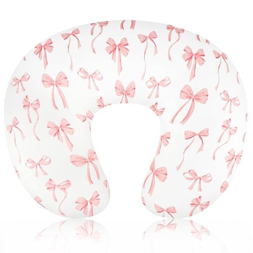 Nursing Pillow Cover, Removable Nursing Covers for Breastfeeding Pillows, Stretchy and Soft Fit for Baby Girls Boys Newborn, Pink Bow(Only Cover)