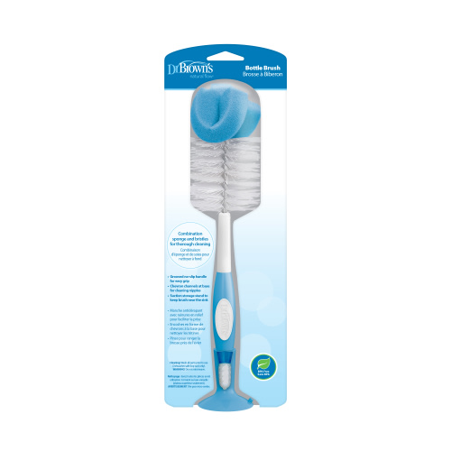 Dr. Brown's Baby Bottle Brush with Suction Cup Stand, Sponge, Scrubber & Nipple Cleaner, Blue, 1-Pack