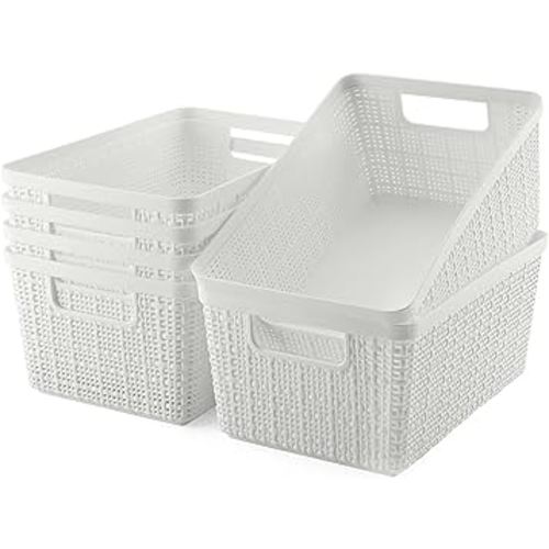 Plastic Storage Bins 6 Packs, Storage Baskets For Organizing, Woven Design Storage Organizer Bins For Pantry Shelves Drawers Desktop Closet Playroom Classroom Office, White