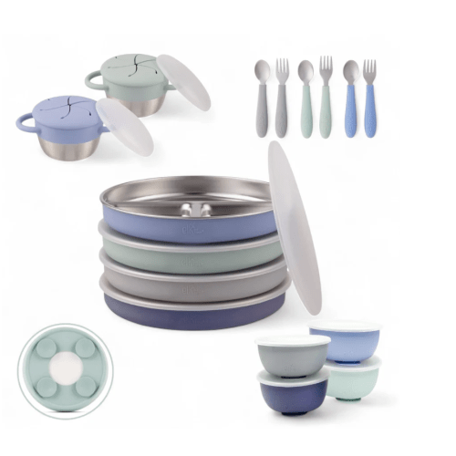 Stainless Steel Mealtime Bundle | Suction Sleeves | Plates, Bowls, Snack Cups + Toddler Utensils | 16 Pcs |  Sage/MistyBlue/Navy/Gray